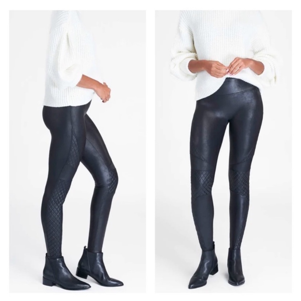 SPANX Black Faux-Leather Quilted Ponte Leggings
